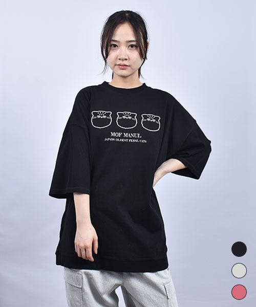 mof manul 20/-OE天竺 脇別布 マヌルネコアップリケ Tシャツ