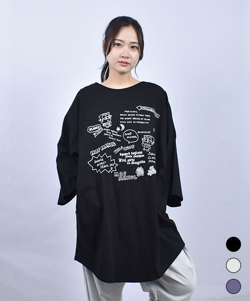 mof manul 20/-OE度詰め天竺 マヌルネコ＆ロゴプリント BIGチュニックTシャツ