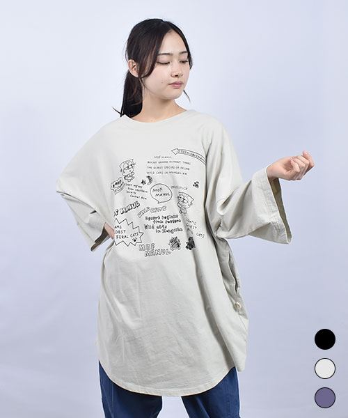 mof manul 20/-OE度詰め天竺 マヌルネコ＆ロゴプリント BIGチュニックTシャツ