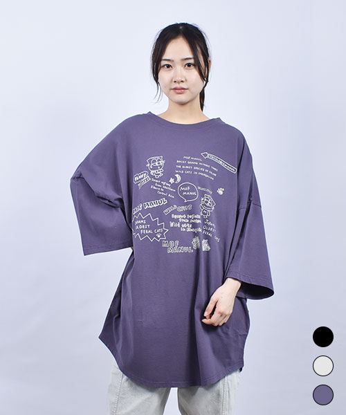 mof manul 20/-OE度詰め天竺 マヌルネコ＆ロゴプリント BIGチュニックTシャツ