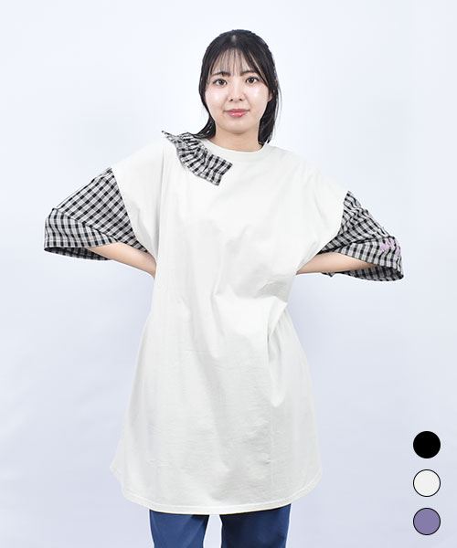 mof manul 20/-OE度詰め天竺 フリルギャザー 袖チェック トレーナー