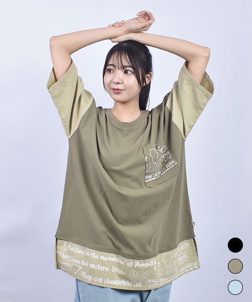 mof manul 20/-OE度詰め天竺 裾布帛切り替えプリント カットソー