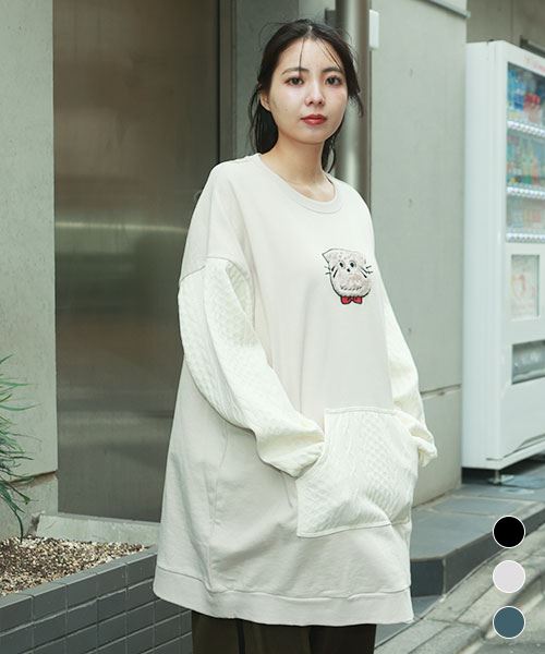 mof manul 裏毛 マヌルネコアップリケ カンガルーポケット 丈長ワイド トレーナーチュニック