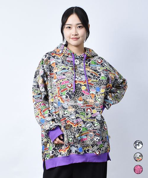 裏起毛 総柄 配色リブ パーカー