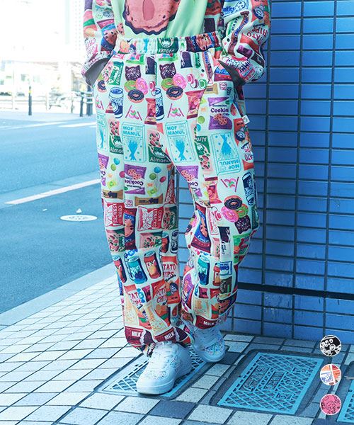 裏起毛 総柄 カーブパンツ