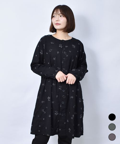 【チュニック】 花刺繍 ボタン チュニック