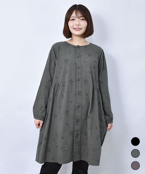 【チュニック】 花刺繍 ボタン チュニック