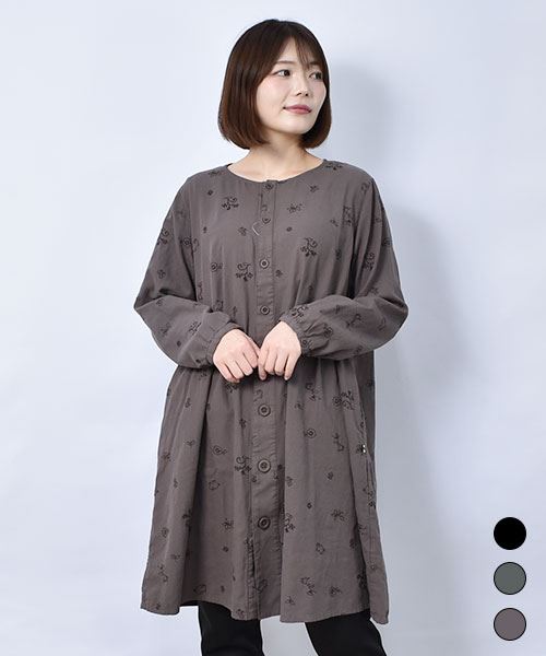 【チュニック】 花刺繍 ボタン チュニック