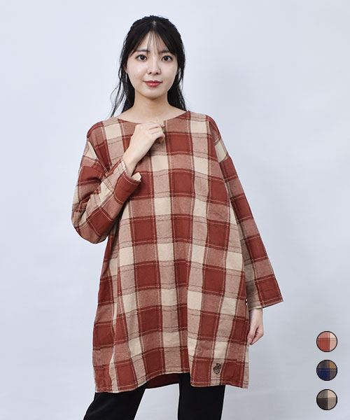 【シャツ チュニック】 刺し子チェック チュニック
