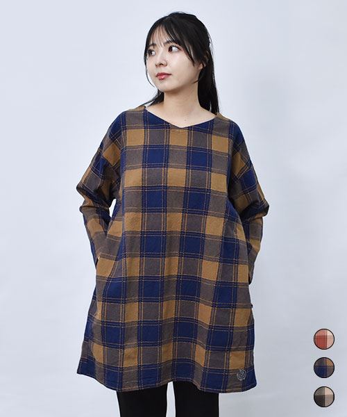 【シャツ チュニック】 刺し子チェック チュニック