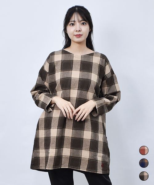 【シャツ チュニック】 刺し子チェック チュニック