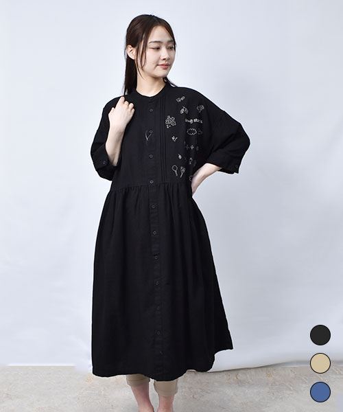 【ワンピース】 手書き風刺繍 ピンタック デニムワンピース