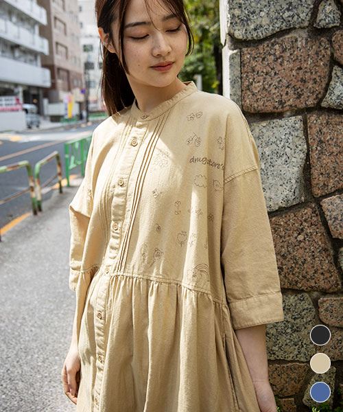 【ワンピース】 手書き風刺繍 ピンタック デニムワンピース