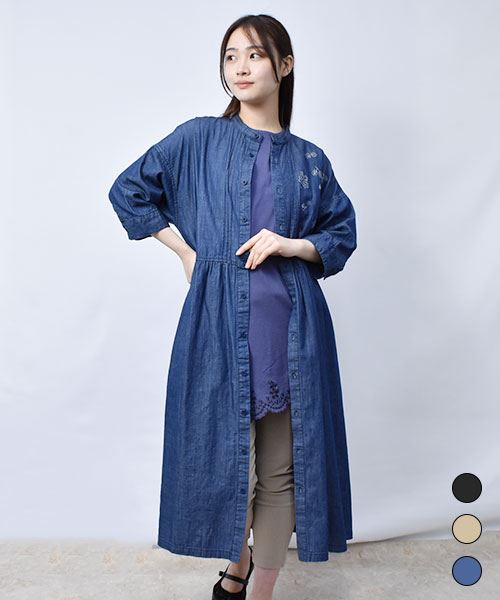 【ワンピース】 手書き風刺繍 ピンタック デニムワンピース