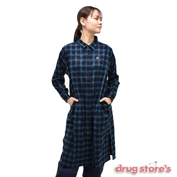 drug store's チェック ロングシャツ ワンピース(3 90 ブルー