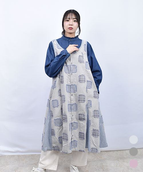 drug store's フリンジパットワーク ブタワッペン ハギハギ チェックジャンスカ