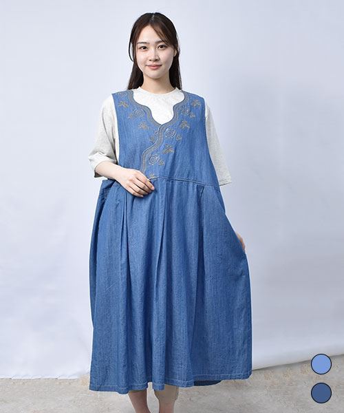 【ジャンスカ】 スカラップ刺繍 デニム ジャンスカ