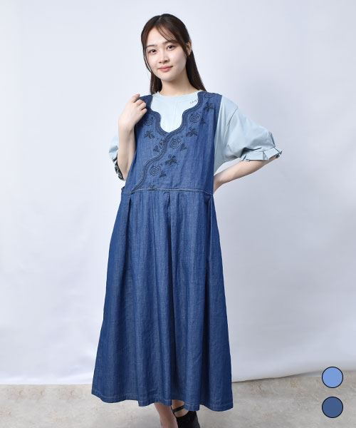 【ジャンスカ】 スカラップ刺繍 デニム ジャンスカ