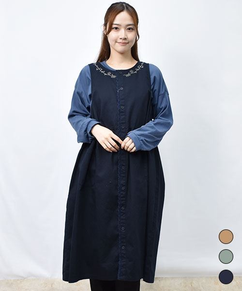 【ジャンスカ】 花刺繍レース ツイル ジャンバースカート