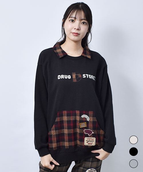 drug store's 裏毛 チェック衿付き トレーナー
