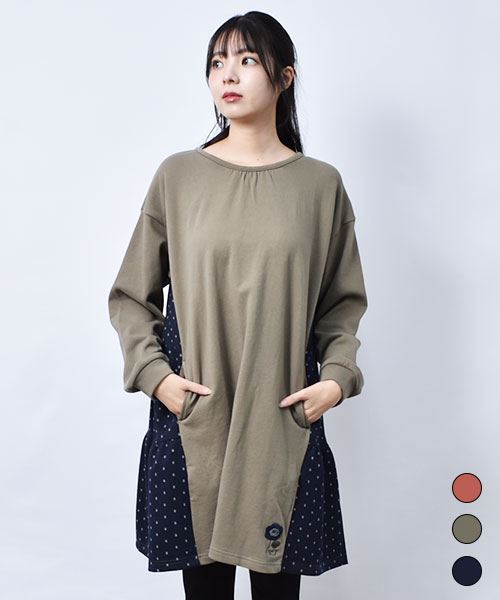 drug store's 裏毛 衿ぐりギャザー脇水玉切替 トレーナー チュニック