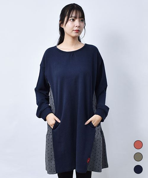 drug store's 裏毛 衿ぐりギャザー脇水玉切替 トレーナー チュニック