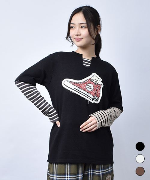 【ニットソー】 重ね着風 ボーダー ニットソー