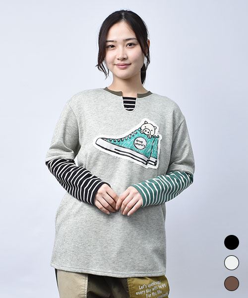 【ニットソー】 重ね着風 ボーダー ニットソー