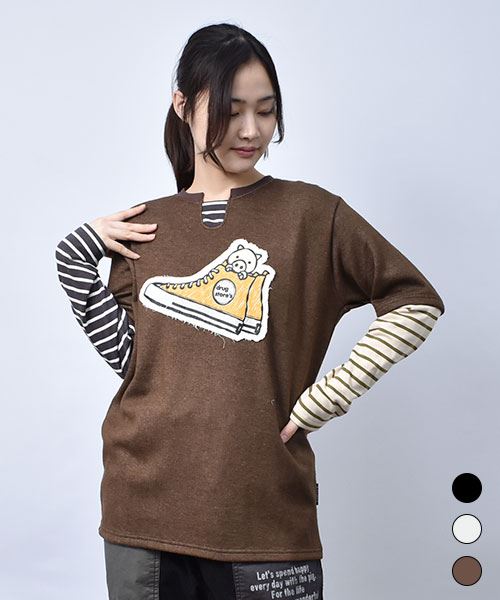 【ニットソー】 重ね着風 ボーダー ニットソー