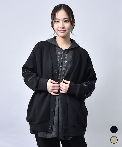 【カーディガン】 刺繍 ポンチ カーディガン