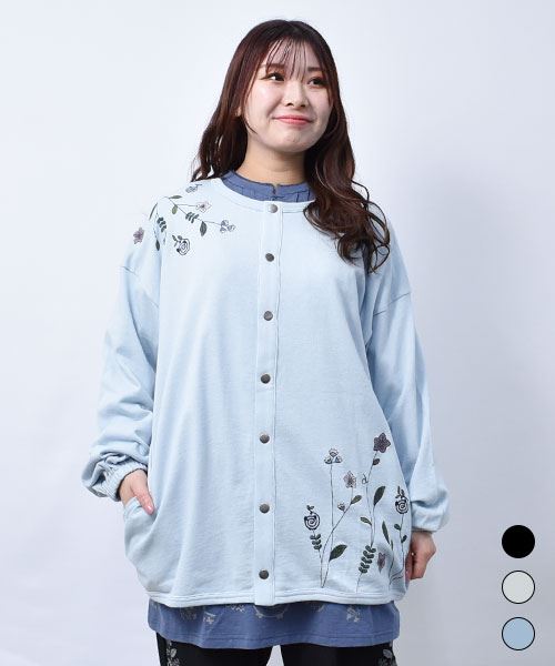 【カーディガン】 花刺繍 パフ袖 カーディガン