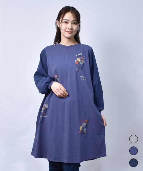 【チュニック】 花刺繍 切替 チュニック