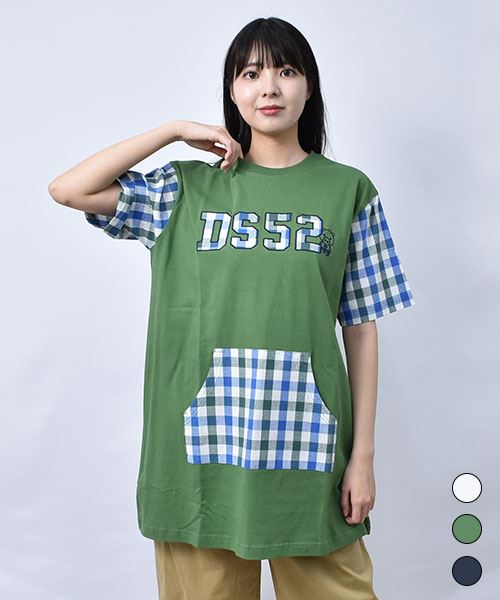 【チュニック】 ポケット&アップリケ チェック チュニック