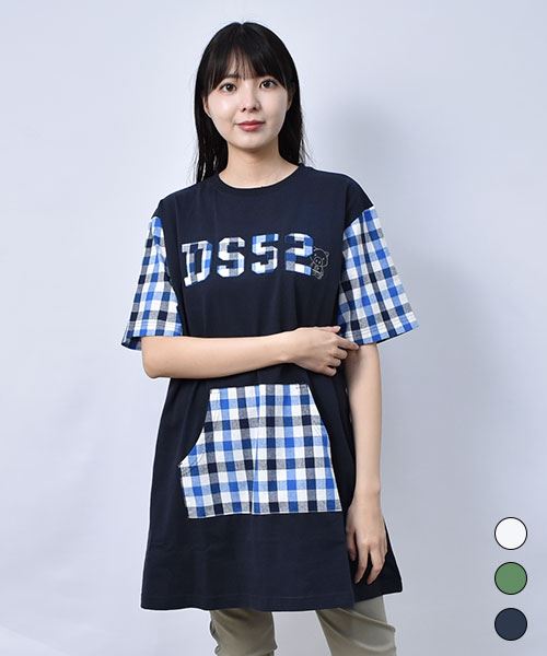 【チュニック】 ポケット&アップリケ チェック チュニック