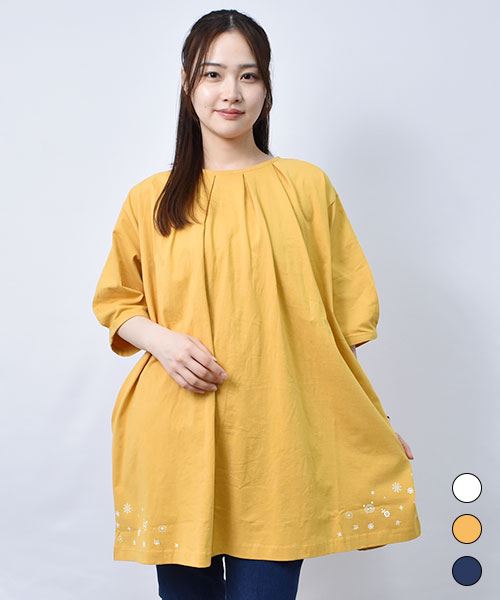 【チュニック】 タック&ギャザー 刺繍 チュニック