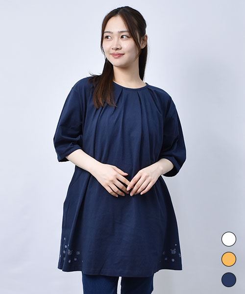 【チュニック】 タック&ギャザー 刺繍 チュニック
