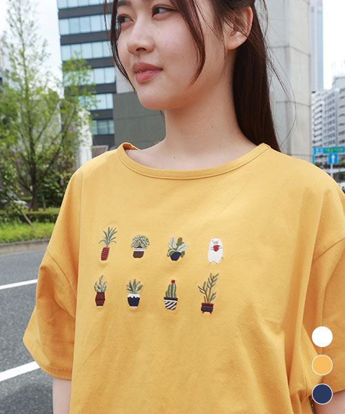 【Tシャツ】 サボテン刺繍 ドルマン Tシャツ