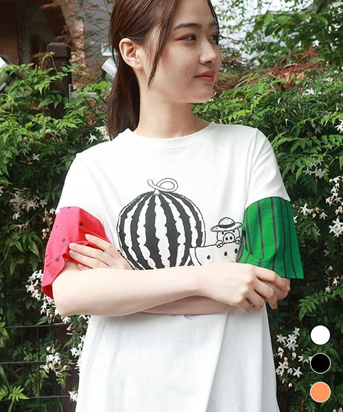 【Tシャツ】 すいかスタンディ 丈長 プリントT
