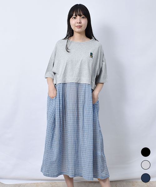 【ワンピース】 重ね着風 チェック切替 ワンピース
