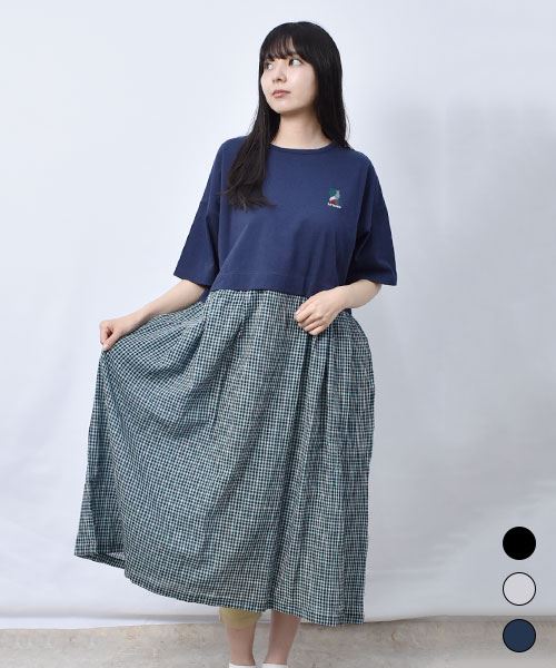 【ワンピース】 重ね着風 チェック切替 ワンピース