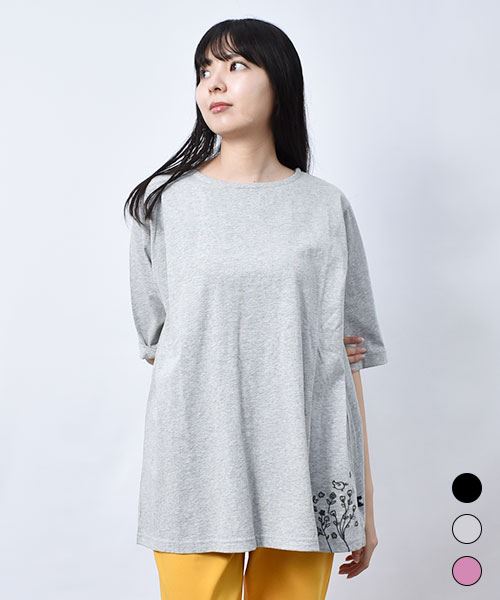【Ｔシャツ】 花刺繍 Aライン Ｔシャツ