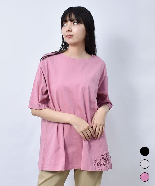 【Ｔシャツ】 花刺繍 Aライン Ｔシャツ