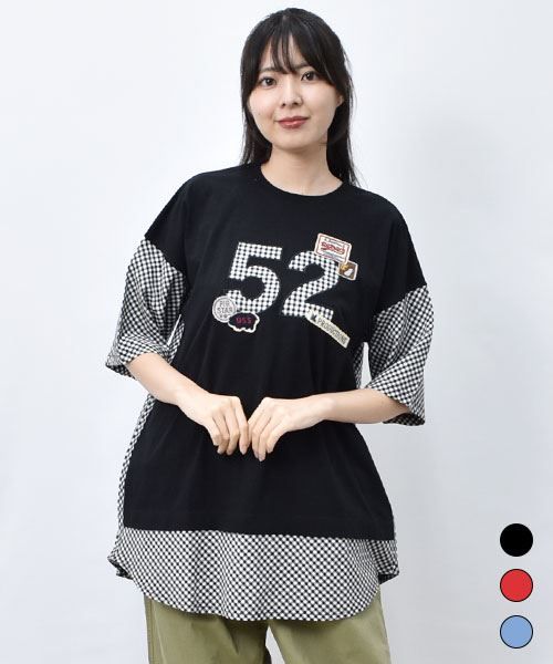 【Tシャツ】 重ね着風 チェックドッキング Tシャツ