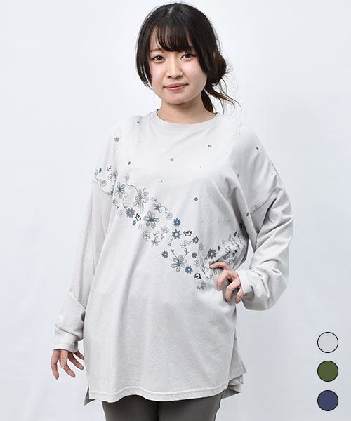【Tシャツ】 花刺繍 ゆったりシルエット ロンT