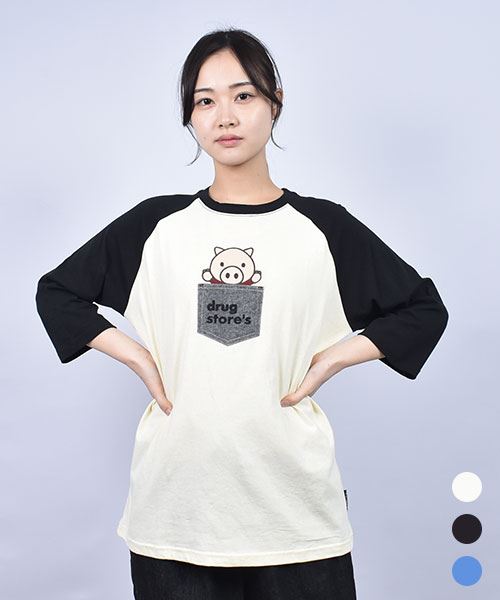 drug store's 20/-OE天竺 スタンディ刺繍 別布ポケット 配色 7分袖 ラグランT