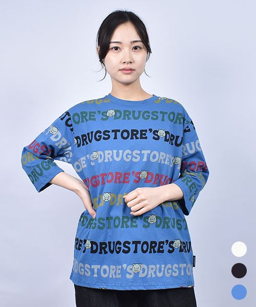 drug store's 20/-OE天竺 定番セットイン 総柄プリント 7分袖 Tシャツ