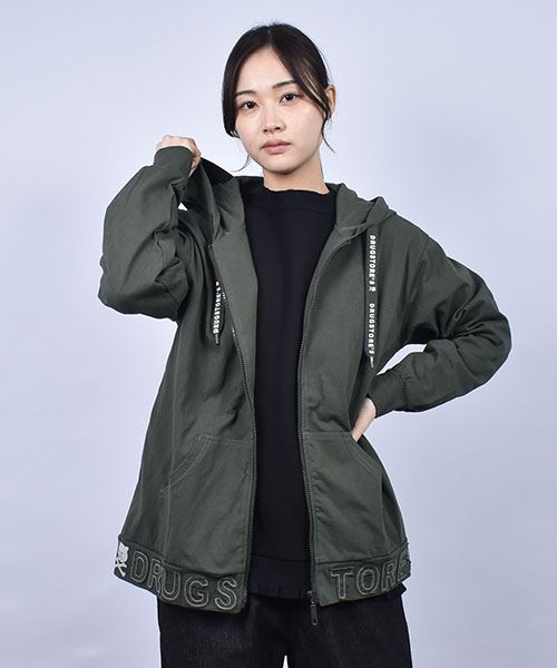 drug store's 18/-天竺 リブ切替 スカルロゴ裾刺繍アップリケ 紐スカルロゴプリント ゆったり パーカー
