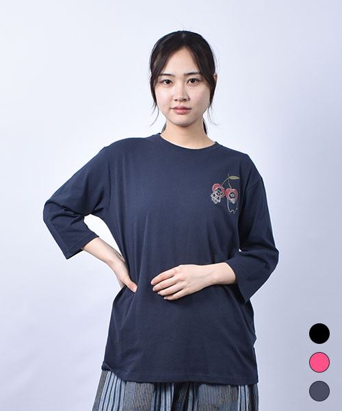 drug store's 21/-OE天竺 さくらんぼ ブタ刺繍 7分袖 定番セットインT