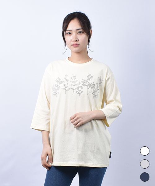drug store's 21/-OE天竺 花刺繍 7分袖 定番セットインT