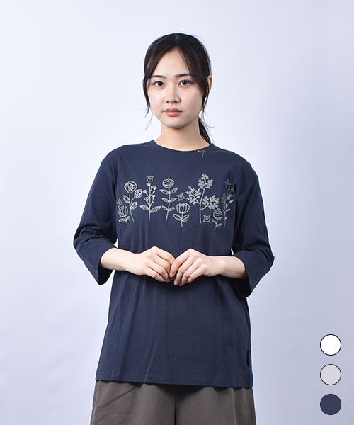drug store's 21/-OE天竺 花刺繍 7分袖 定番セットインT